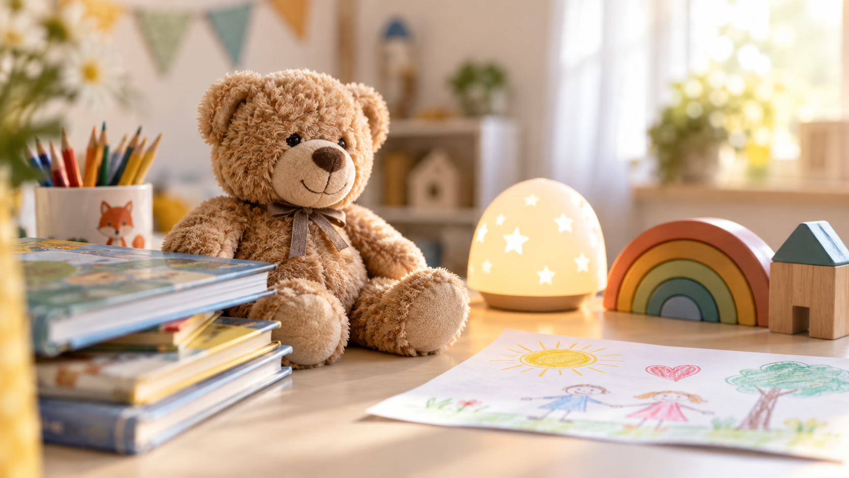 Teddybär, Bücher und Kinderzeichnung als Zeichen von Geborgenheit