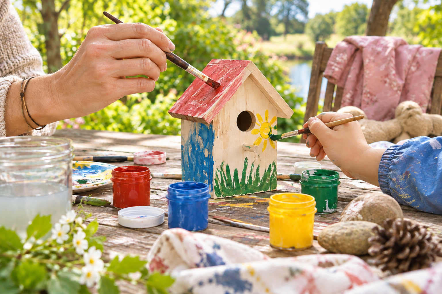 Erwachsene und Kind gestalten gemeinsam ein kleines Vogelhaus